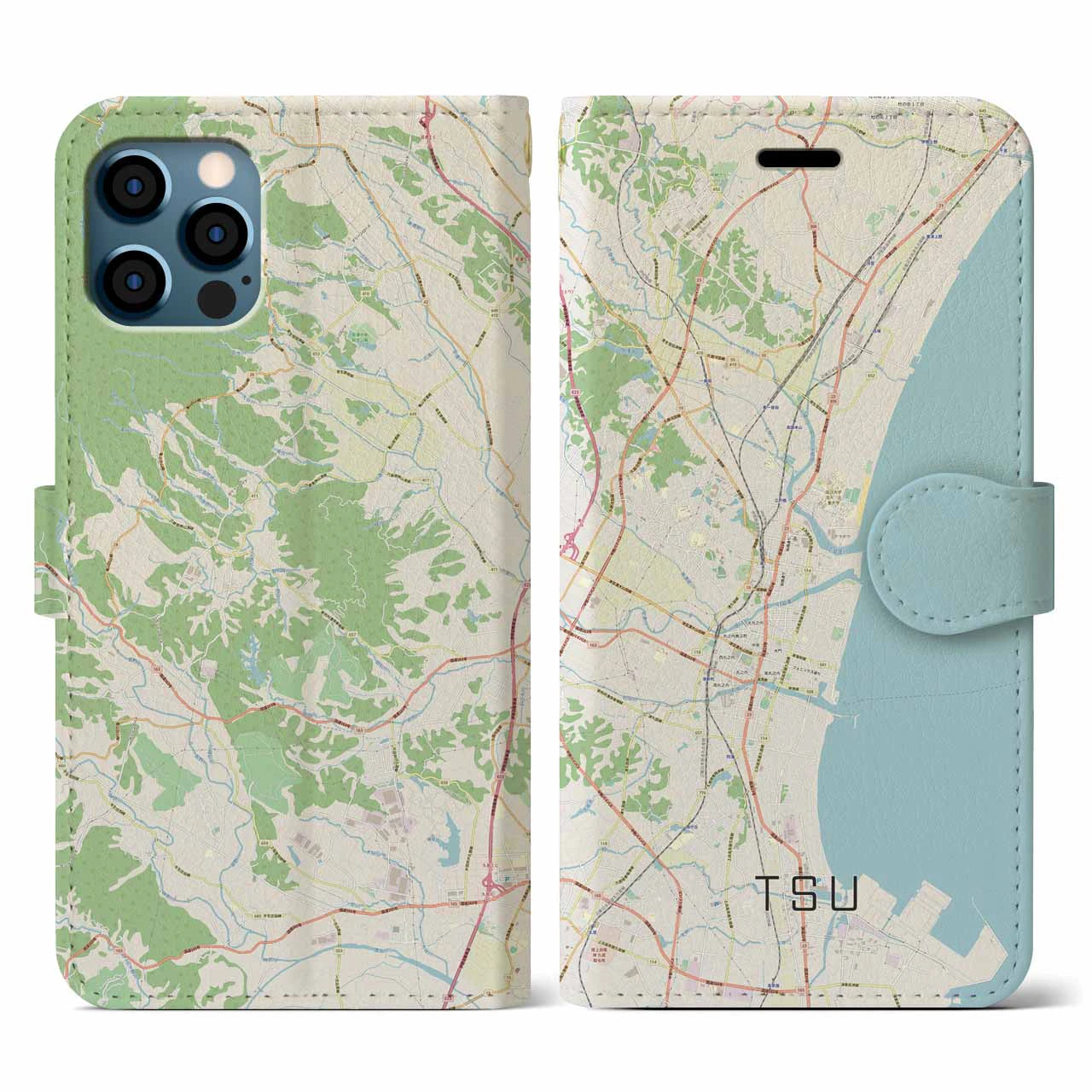 【津(三重県)】地図柄iPhoneケース(手帳タイプ)ナチュラル・iPhone 12 / 12 Pro 用