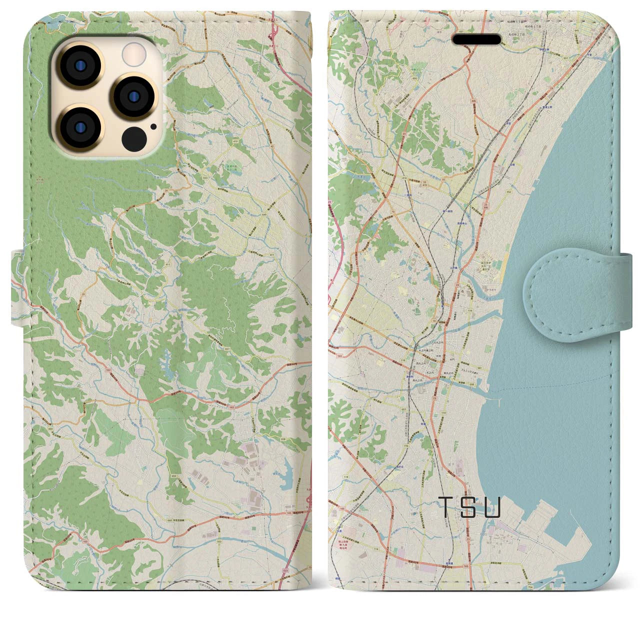 【津(三重県)】地図柄iPhoneケース(手帳タイプ)ナチュラル・iPhone 12 Pro Max 用