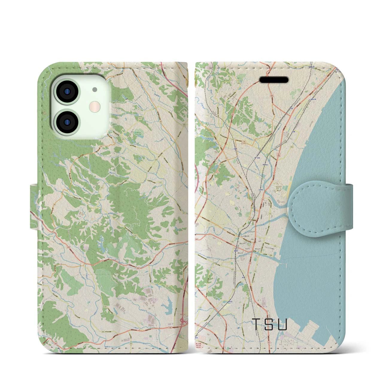 【津(三重県)】地図柄iPhoneケース(手帳タイプ)ナチュラル・iPhone 12 mini 用