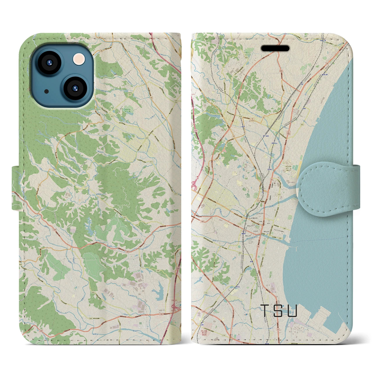 【津(三重県)】地図柄iPhoneケース(手帳タイプ)ナチュラル・iPhone 13 用