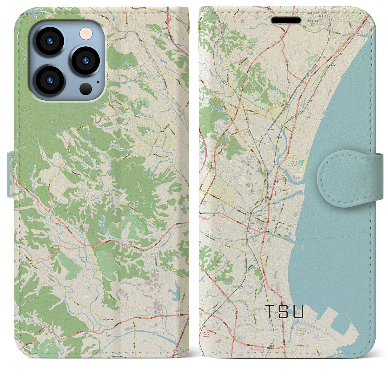 【津(三重県)】地図柄iPhoneケース(手帳タイプ)ナチュラル・iPhone 13 Pro Max 用