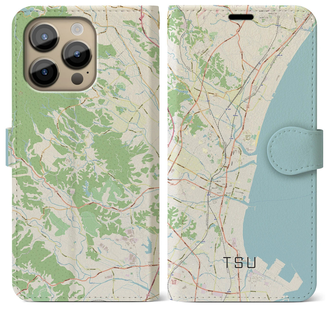 【津(三重県)】地図柄iPhoneケース(手帳タイプ)ナチュラル・iPhone 14 Pro Max 用