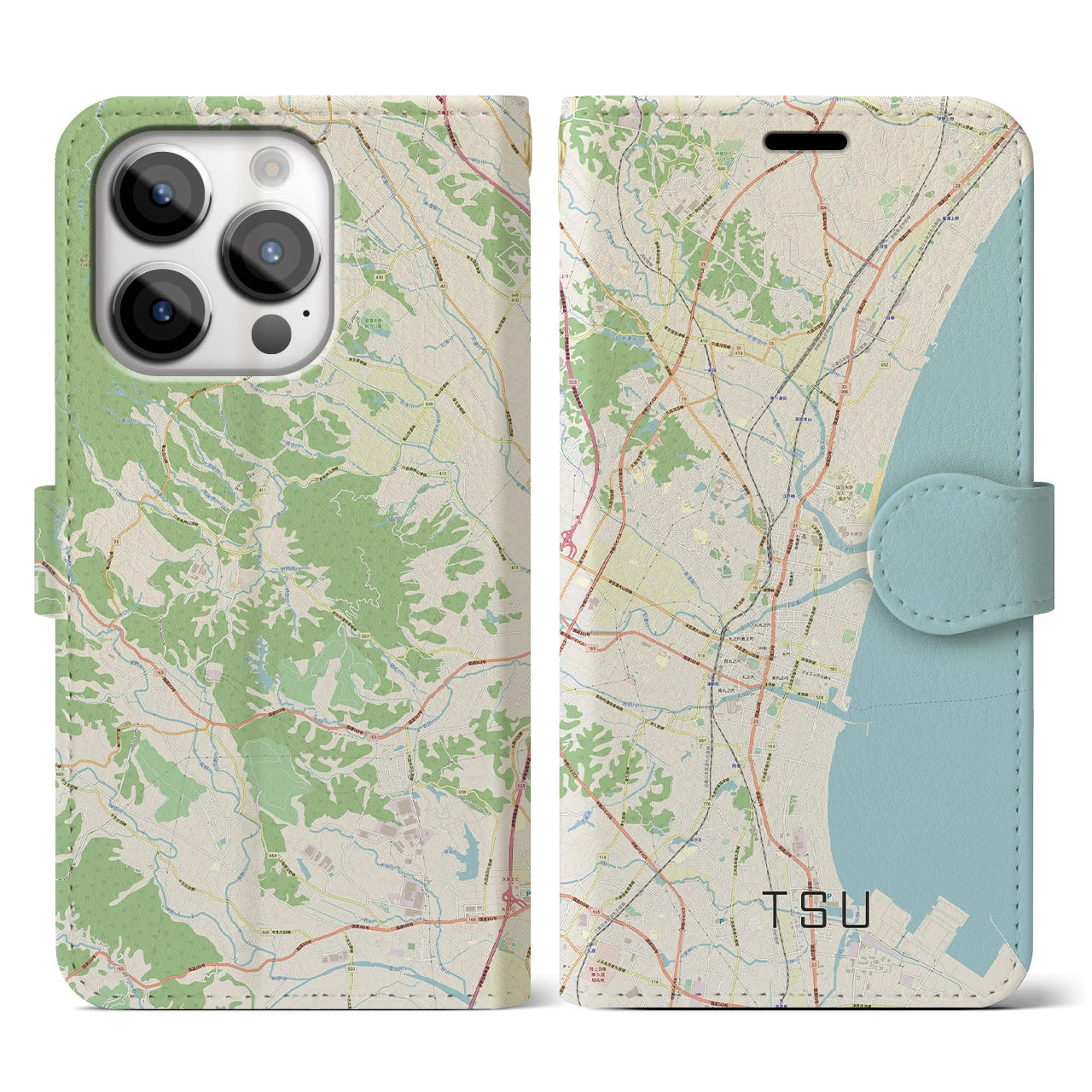 【津(三重県)】地図柄iPhoneケース(手帳タイプ)ナチュラル・iPhone 14 Pro 用