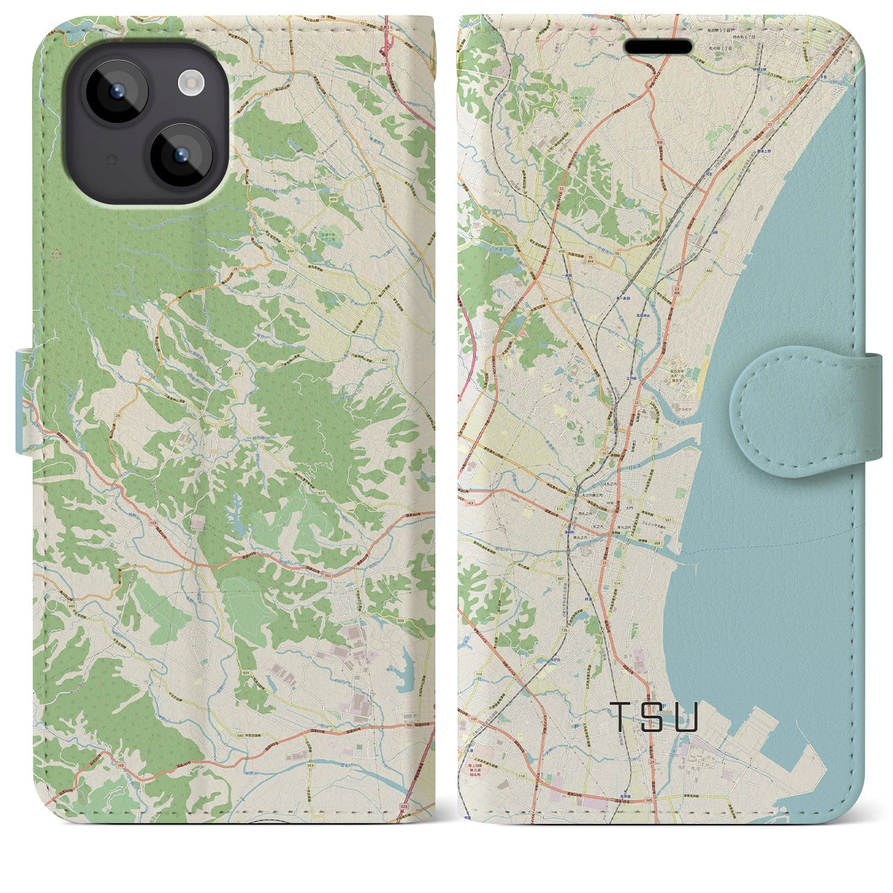 【津(三重県)】地図柄iPhoneケース(手帳タイプ)ナチュラル・iPhone 14 Plus 用