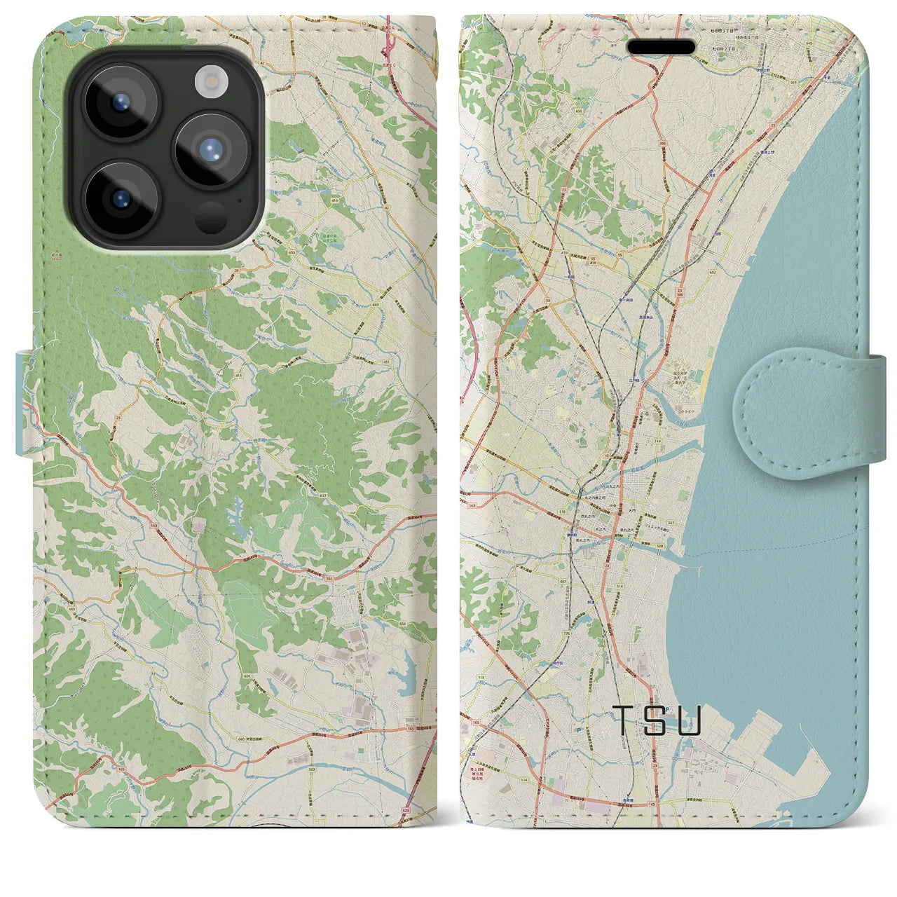 【津(三重県)】地図柄iPhoneケース(手帳タイプ)ナチュラル・iPhone 15 Pro Max 用