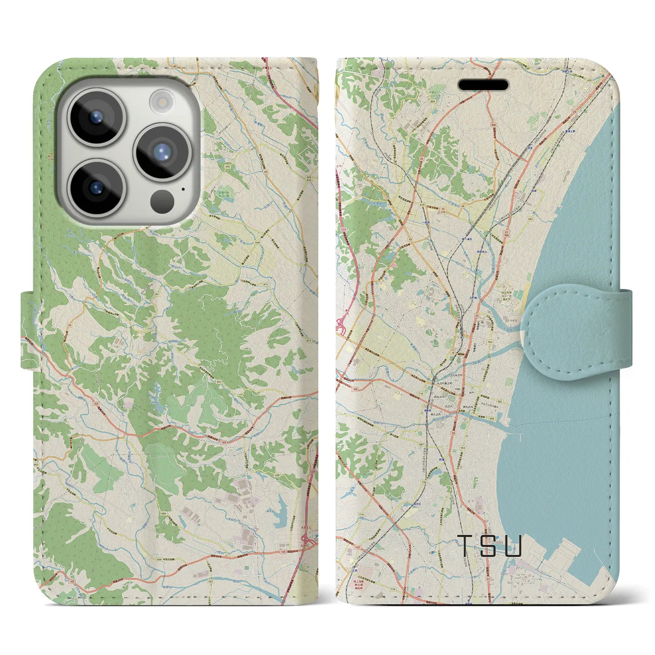 【津(三重県)】地図柄iPhoneケース(手帳タイプ)ナチュラル・iPhone 15 Pro 用