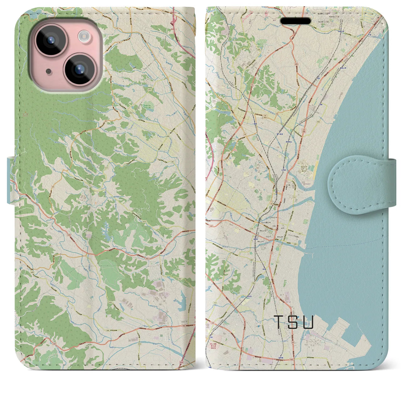 【津(三重県)】地図柄iPhoneケース(手帳タイプ)ナチュラル・iPhone 15 Plus 用