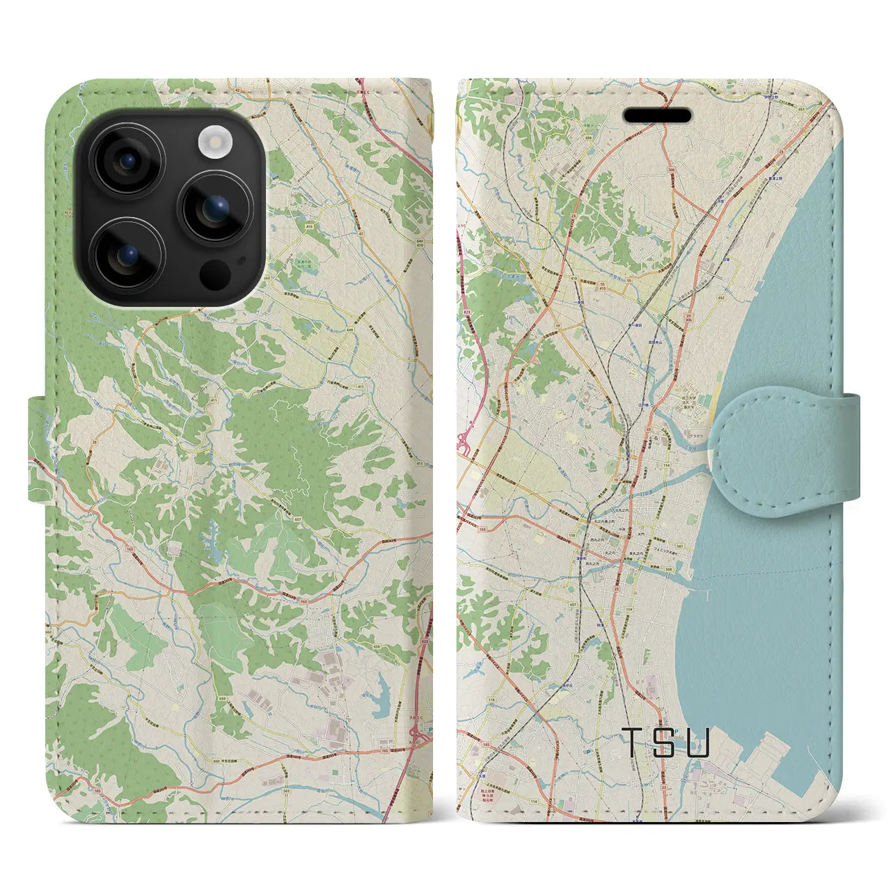 【津(三重県)】地図柄iPhoneケース(手帳タイプ)ナチュラル・iPhone 16 用