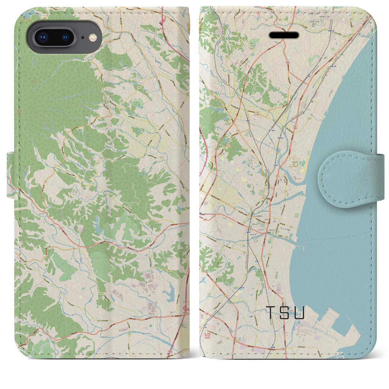【津(三重県)】地図柄iPhoneケース(手帳タイプ)ナチュラル・iPhone 8Plus /7Plus / 6sPlus / 6Plus 用