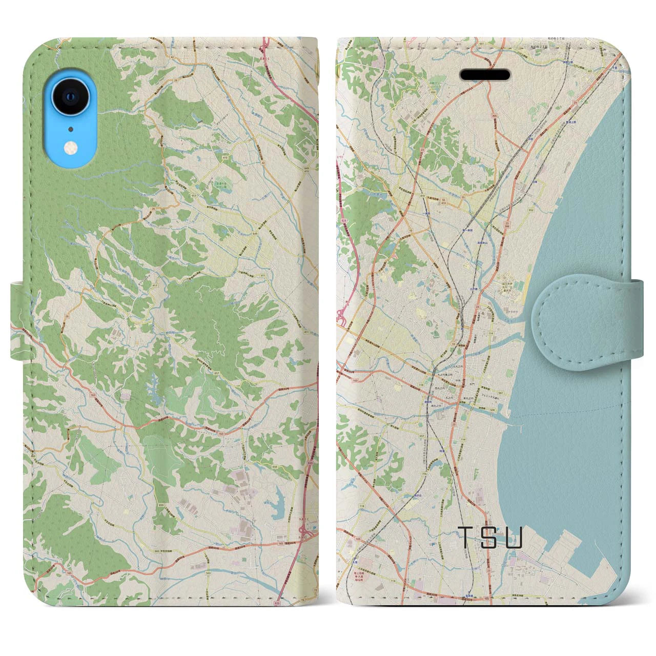 【津(三重県)】地図柄iPhoneケース(手帳タイプ)ナチュラル・iPhone XR 用