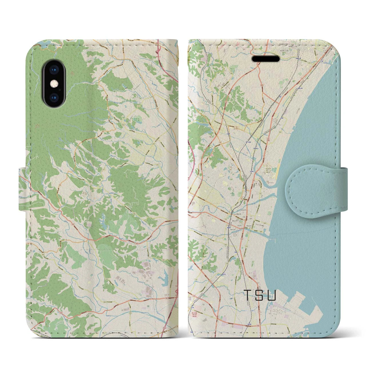 【津(三重県)】地図柄iPhoneケース(手帳タイプ)ナチュラル・iPhone XS / X 用