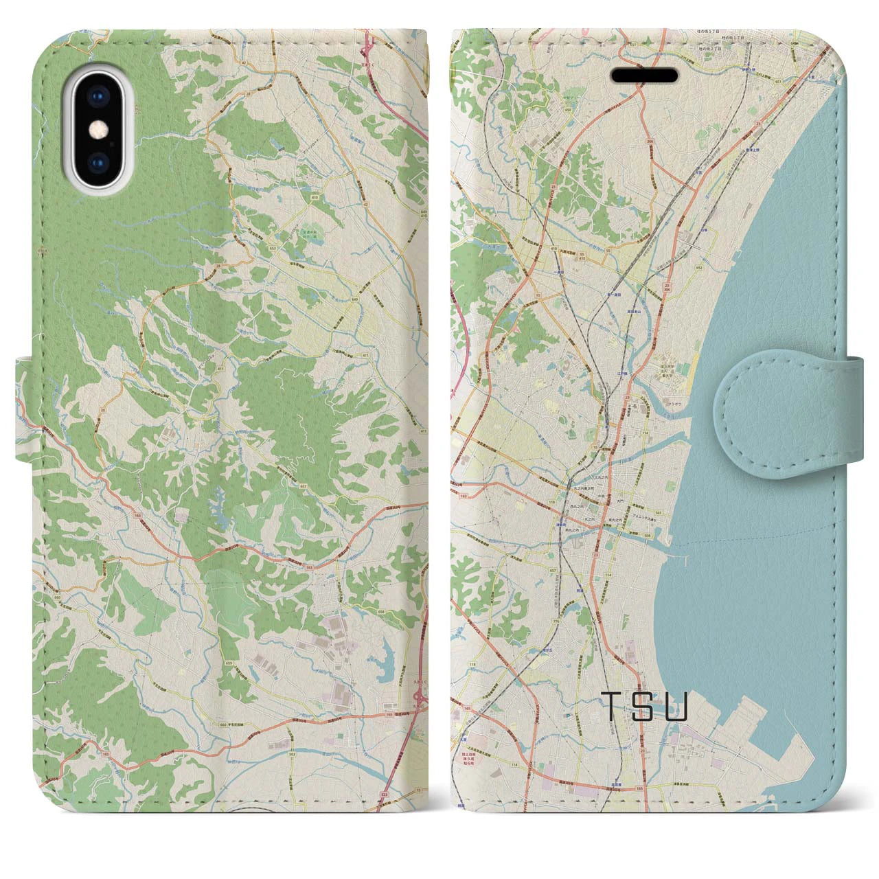 【津(三重県)】地図柄iPhoneケース(手帳タイプ)ナチュラル・iPhone XS Max 用