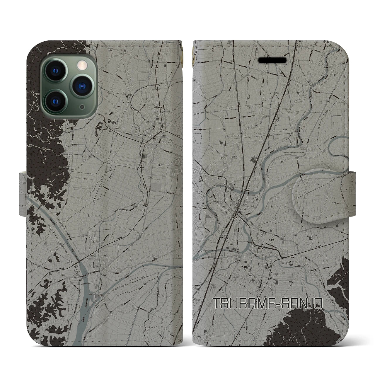【燕三条(新潟県)】地図柄iPhoneケース(手帳タイプ)モノトーン・iPhone 11 Pro 用