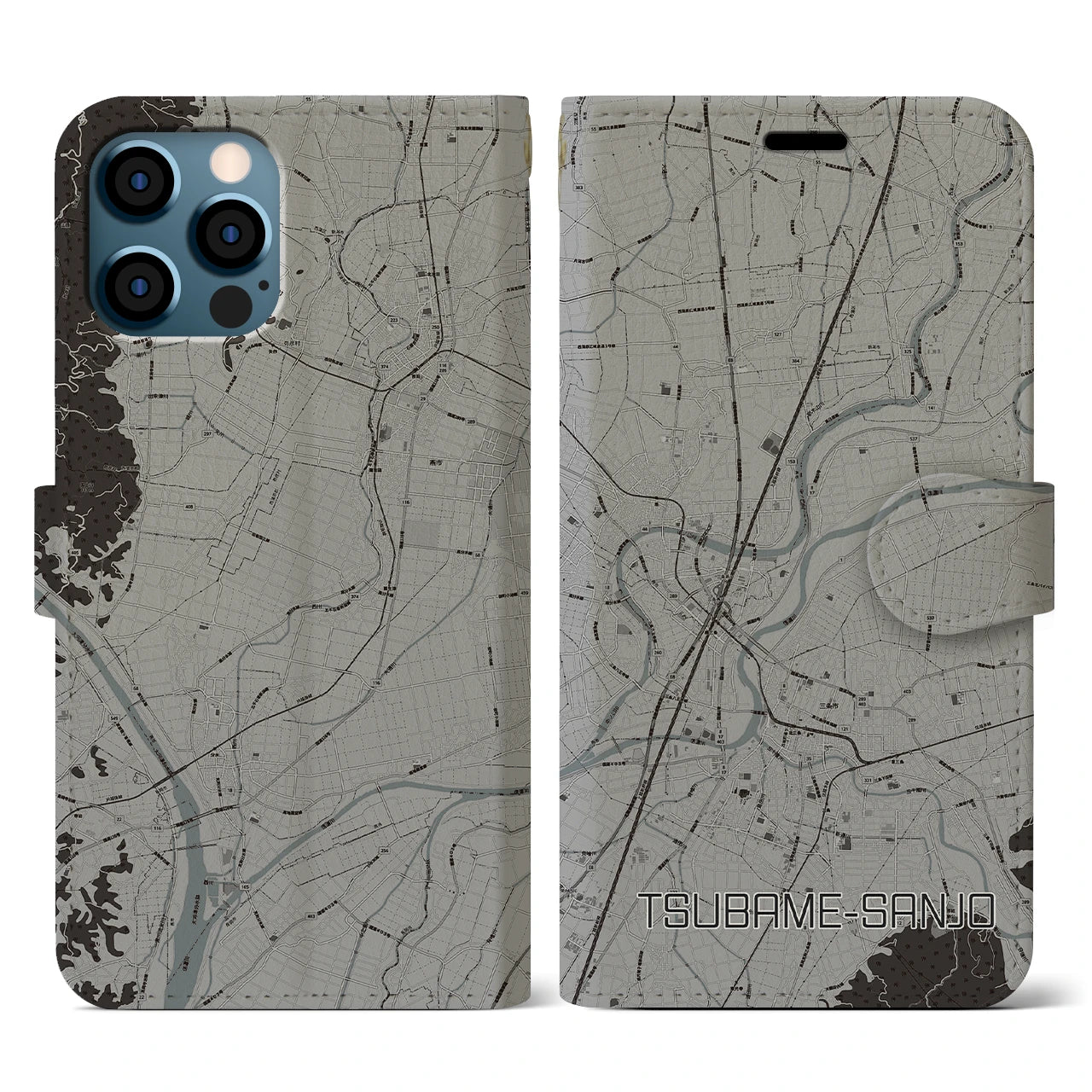 【燕三条(新潟県)】地図柄iPhoneケース(手帳タイプ)モノトーン・iPhone 12 / 12 Pro 用