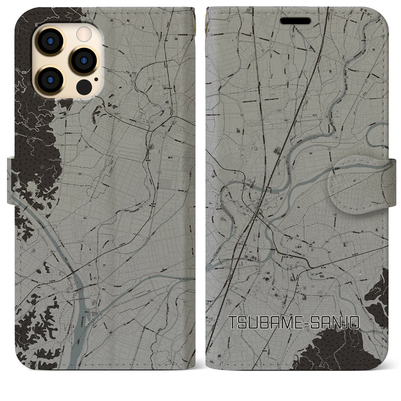 【燕三条(新潟県)】地図柄iPhoneケース(手帳タイプ)モノトーン・iPhone 12 Pro Max 用