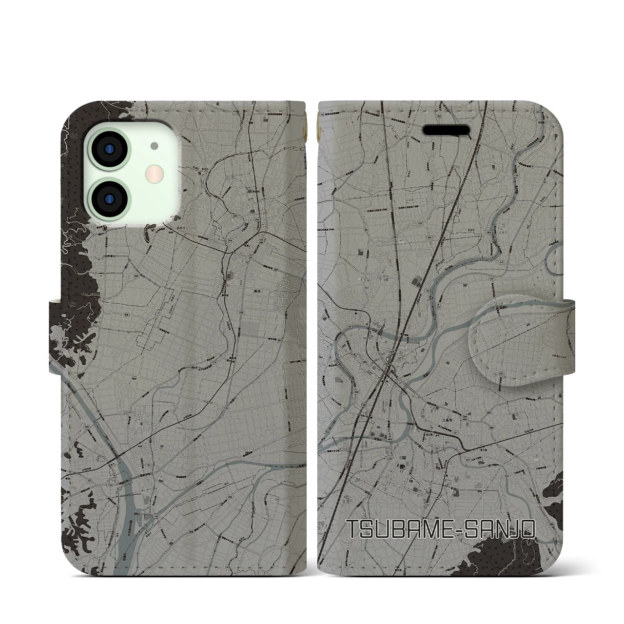 【燕三条(新潟県)】地図柄iPhoneケース(手帳タイプ)モノトーン・iPhone 12 mini 用