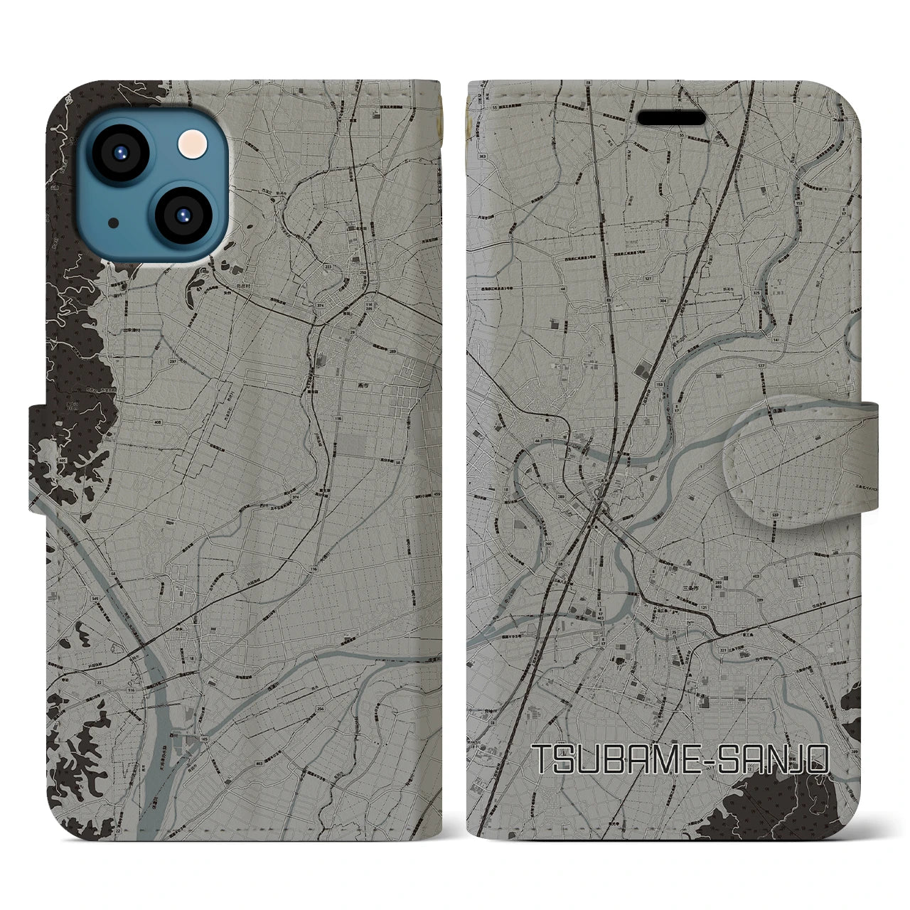 【燕三条(新潟県)】地図柄iPhoneケース(手帳タイプ)モノトーン・iPhone 13 用