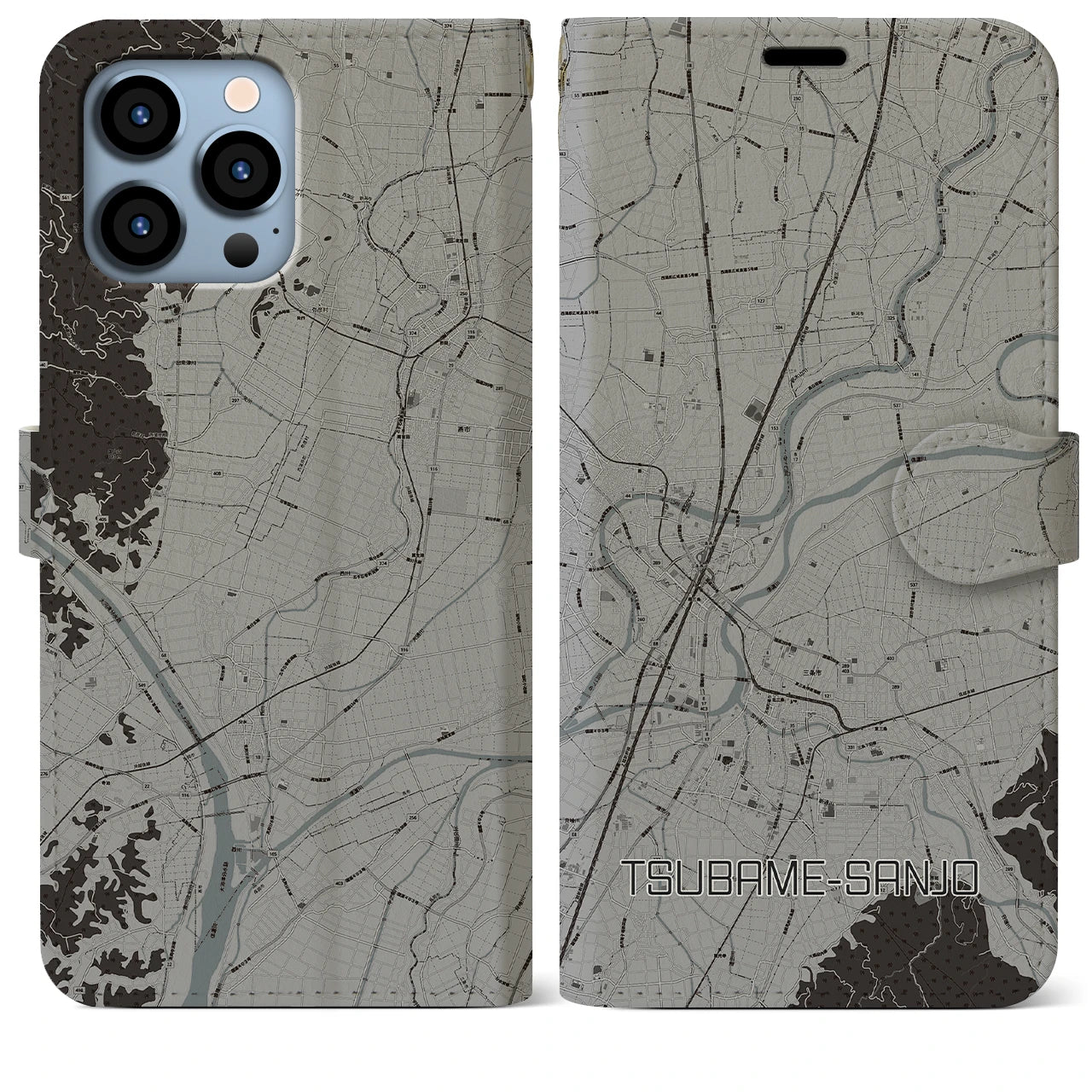 【燕三条(新潟県)】地図柄iPhoneケース(手帳タイプ)モノトーン・iPhone 13 Pro Max 用