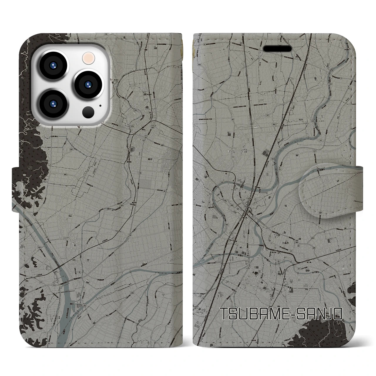 【燕三条(新潟県)】地図柄iPhoneケース(手帳タイプ)モノトーン・iPhone 13 Pro 用