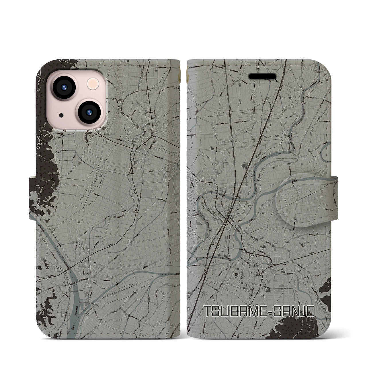 【燕三条(新潟県)】地図柄iPhoneケース(手帳タイプ)モノトーン・iPhone 13 mini 用
