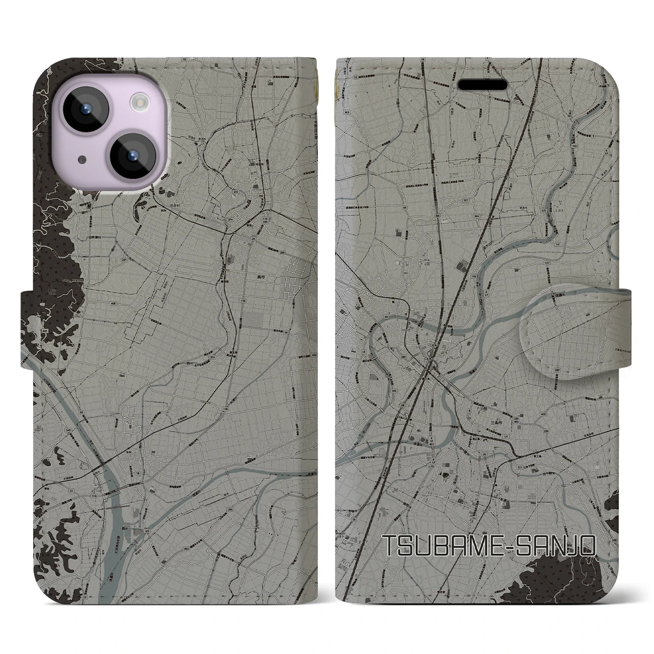 【燕三条(新潟県)】地図柄iPhoneケース(手帳タイプ)モノトーン・iPhone 14 用