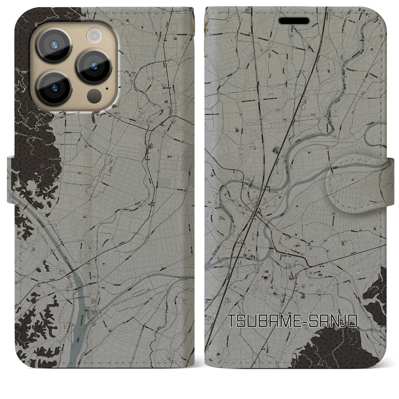 【燕三条(新潟県)】地図柄iPhoneケース(手帳タイプ)モノトーン・iPhone 14 Pro Max 用