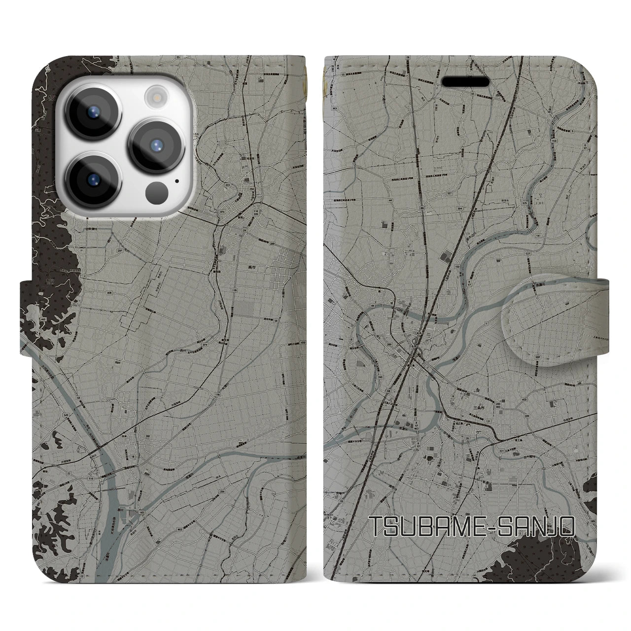 【燕三条(新潟県)】地図柄iPhoneケース(手帳タイプ)モノトーン・iPhone 14 Pro 用