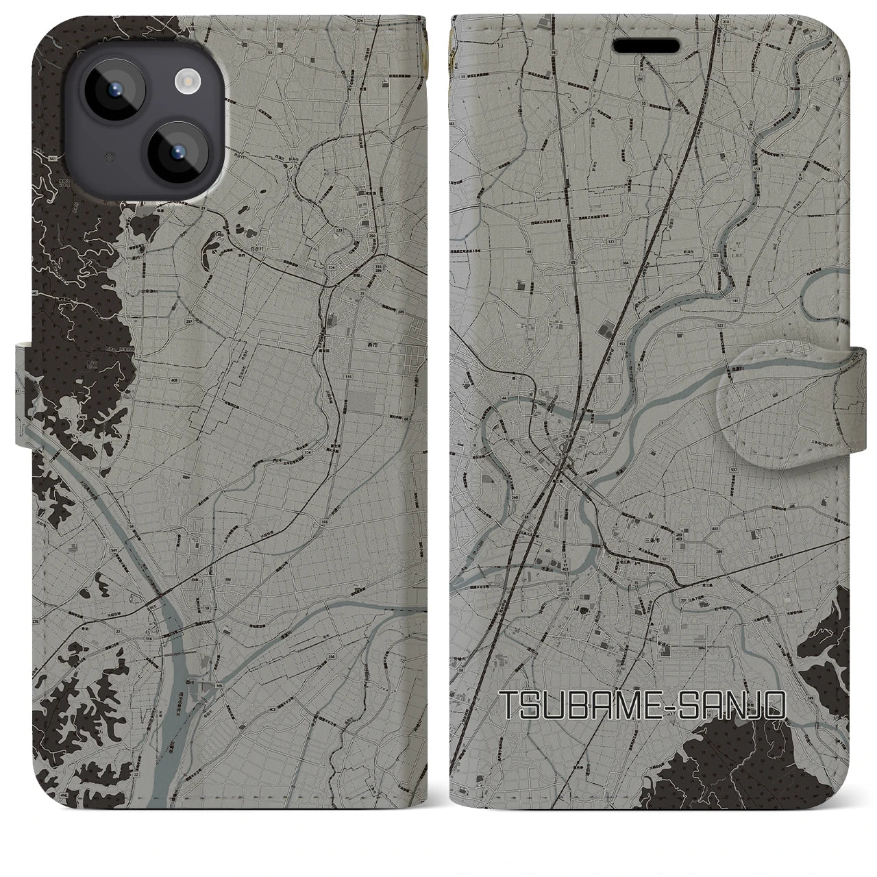 【燕三条(新潟県)】地図柄iPhoneケース(手帳タイプ)モノトーン・iPhone 14 Plus 用