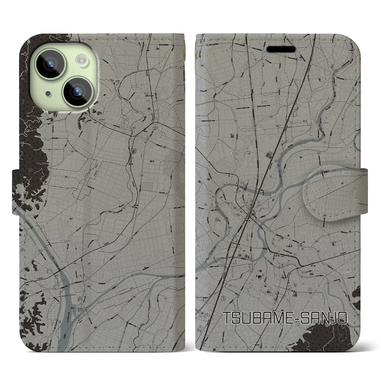 【燕三条(新潟県)】地図柄iPhoneケース(手帳タイプ)モノトーン・iPhone 15 用