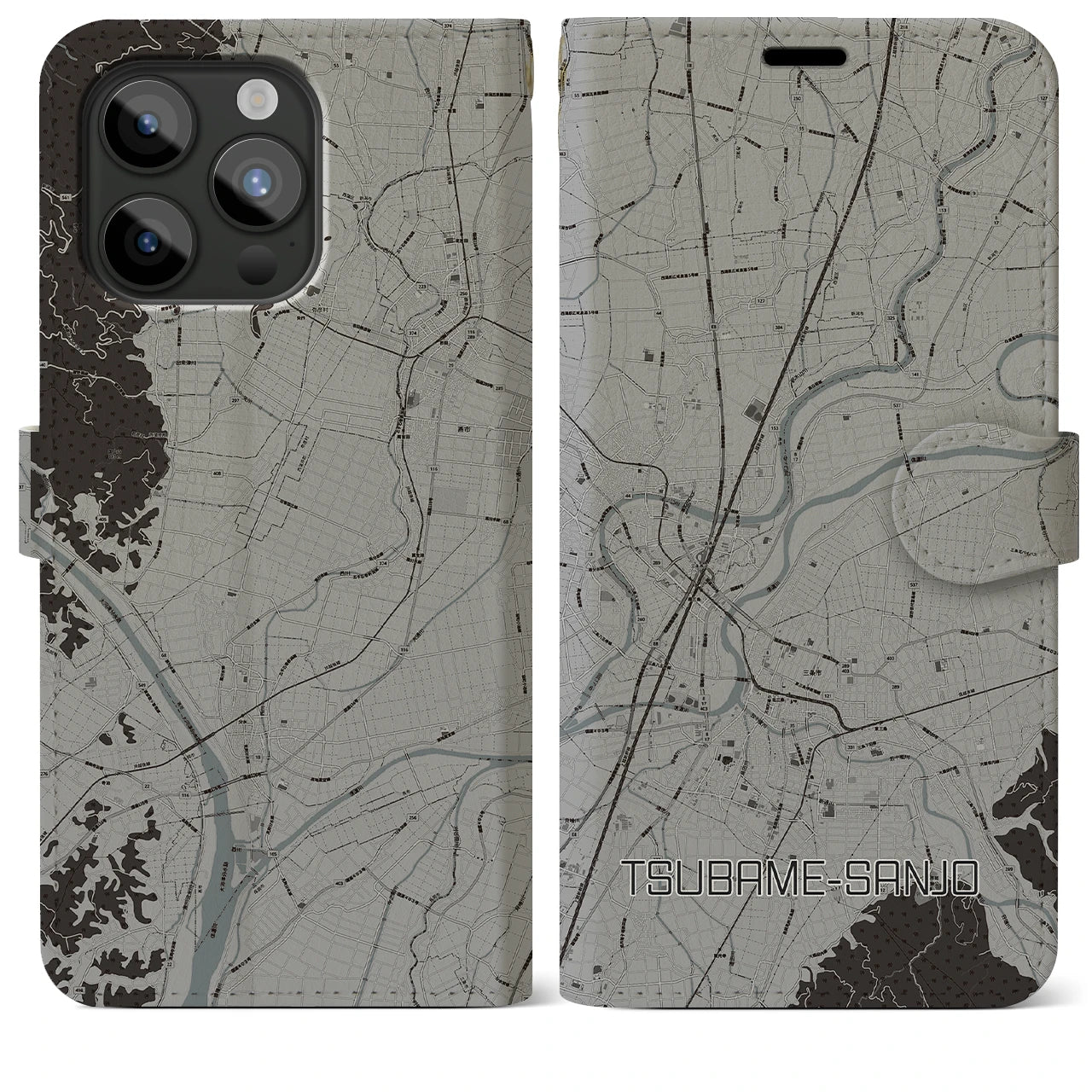 【燕三条(新潟県)】地図柄iPhoneケース(手帳タイプ)モノトーン・iPhone 15 Pro Max 用