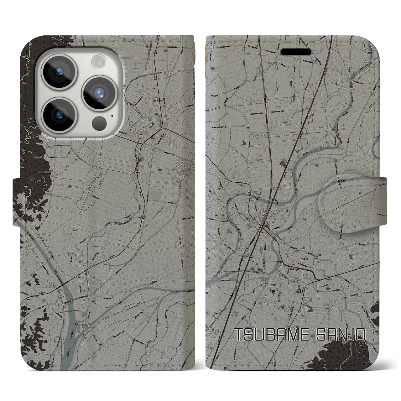 【燕三条(新潟県)】地図柄iPhoneケース(手帳タイプ)モノトーン・iPhone 15 Pro 用