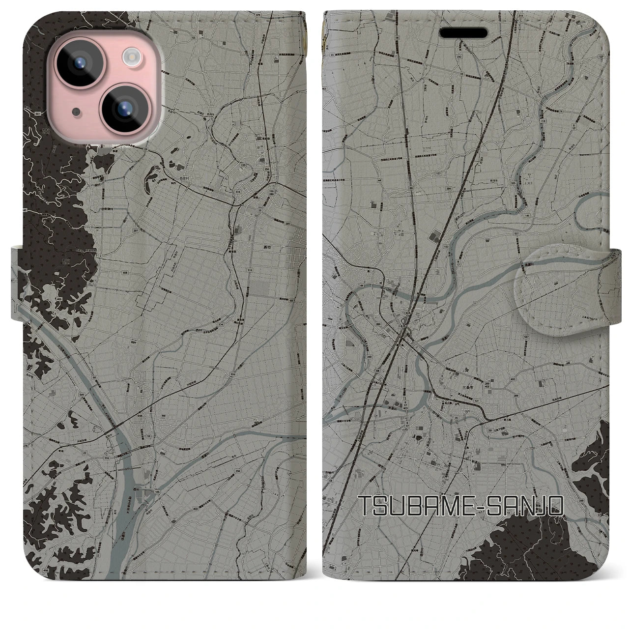 【燕三条(新潟県)】地図柄iPhoneケース(手帳タイプ)モノトーン・iPhone 15 Plus 用