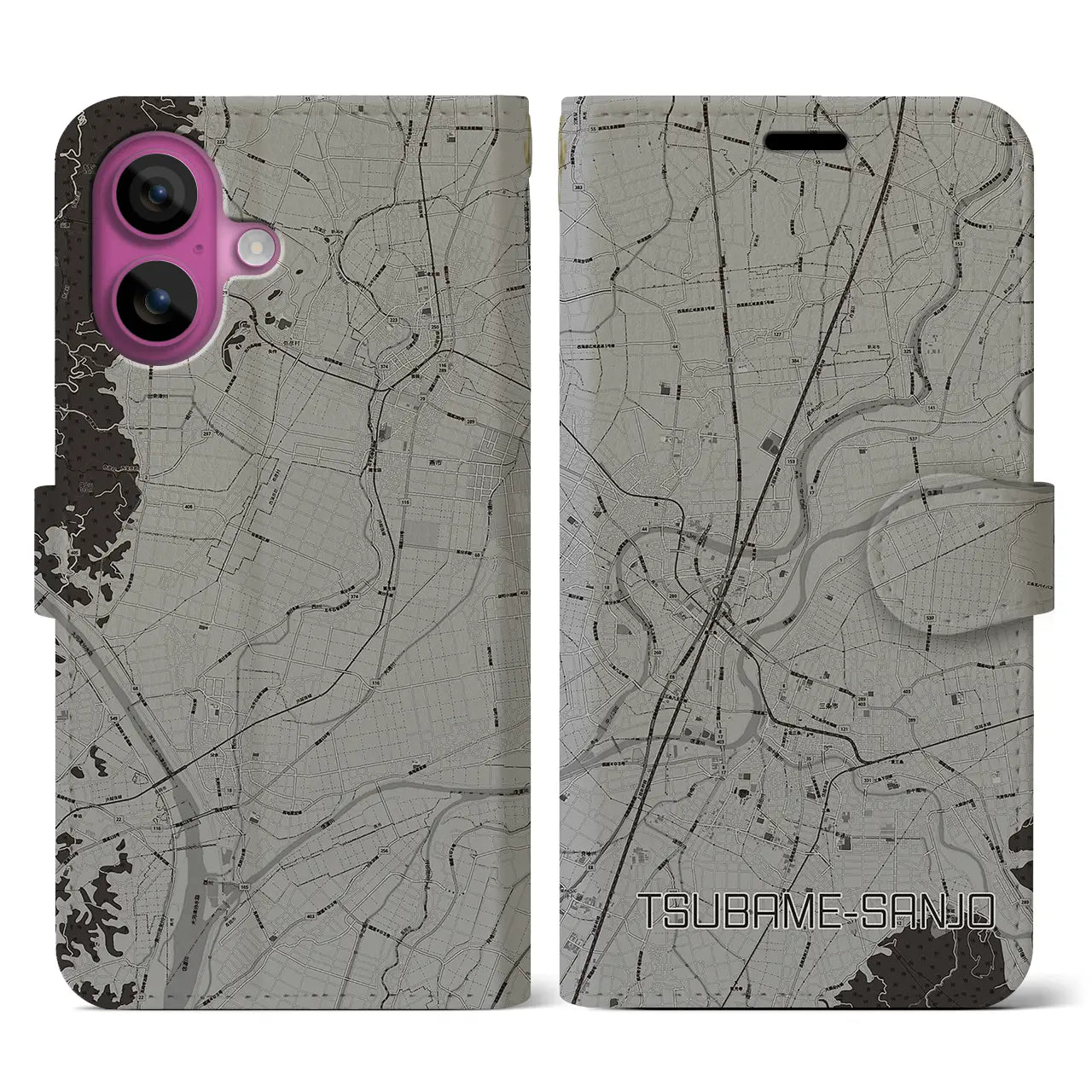 【燕三条(新潟県)】地図柄iPhoneケース(手帳タイプ)モノトーン・iPhone 16 Pro 用