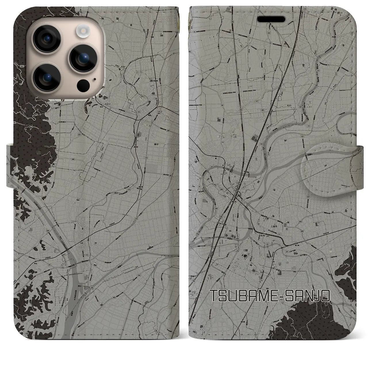 【燕三条(新潟県)】地図柄iPhoneケース(手帳タイプ)モノトーン・iPhone 16 Plus 用