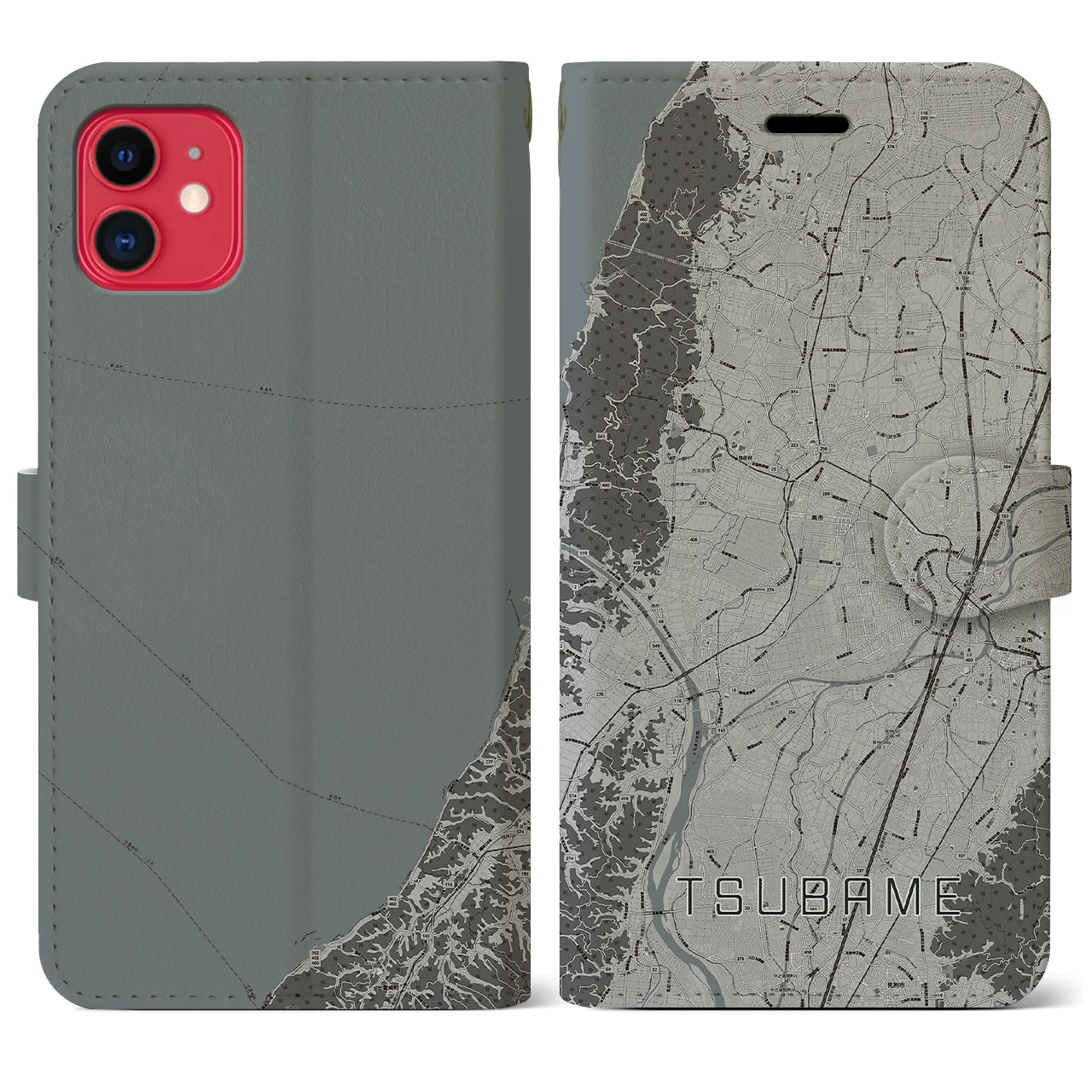 【燕(新潟県)】地図柄iPhoneケース(手帳タイプ)モノトーン・iPhone 11 用