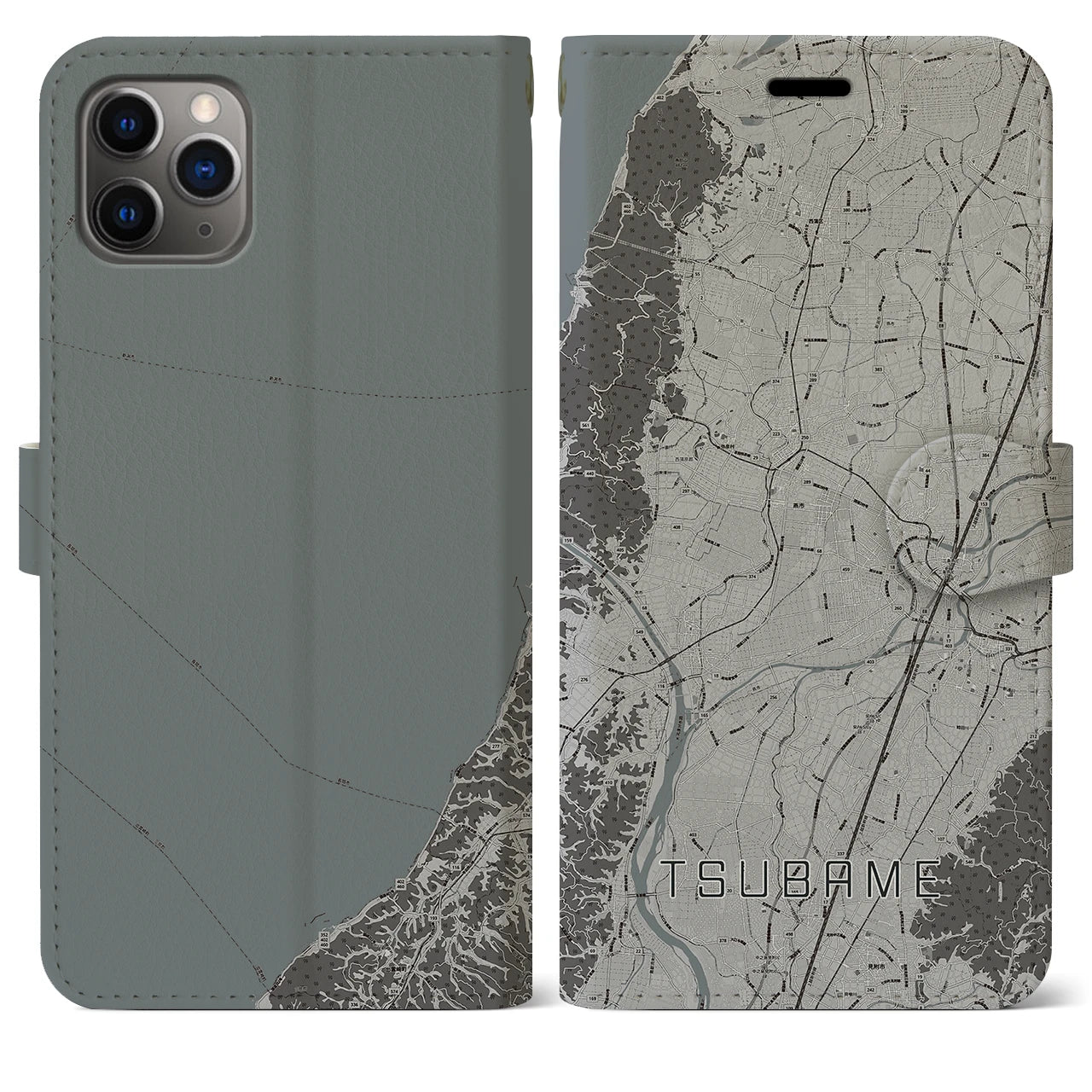 【燕(新潟県)】地図柄iPhoneケース(手帳タイプ)モノトーン・iPhone 11 Pro Max 用