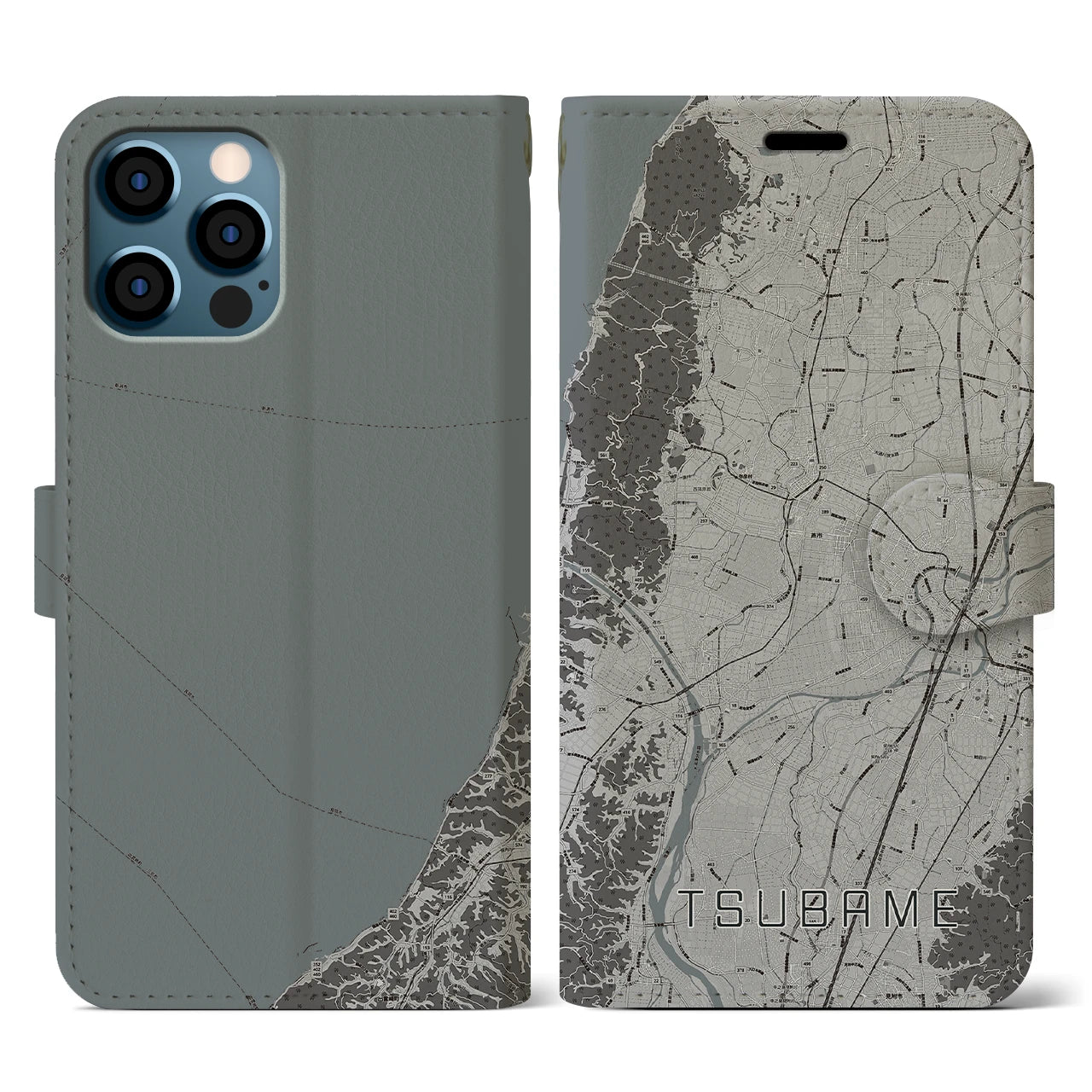 【燕(新潟県)】地図柄iPhoneケース(手帳タイプ)モノトーン・iPhone 12 / 12 Pro 用