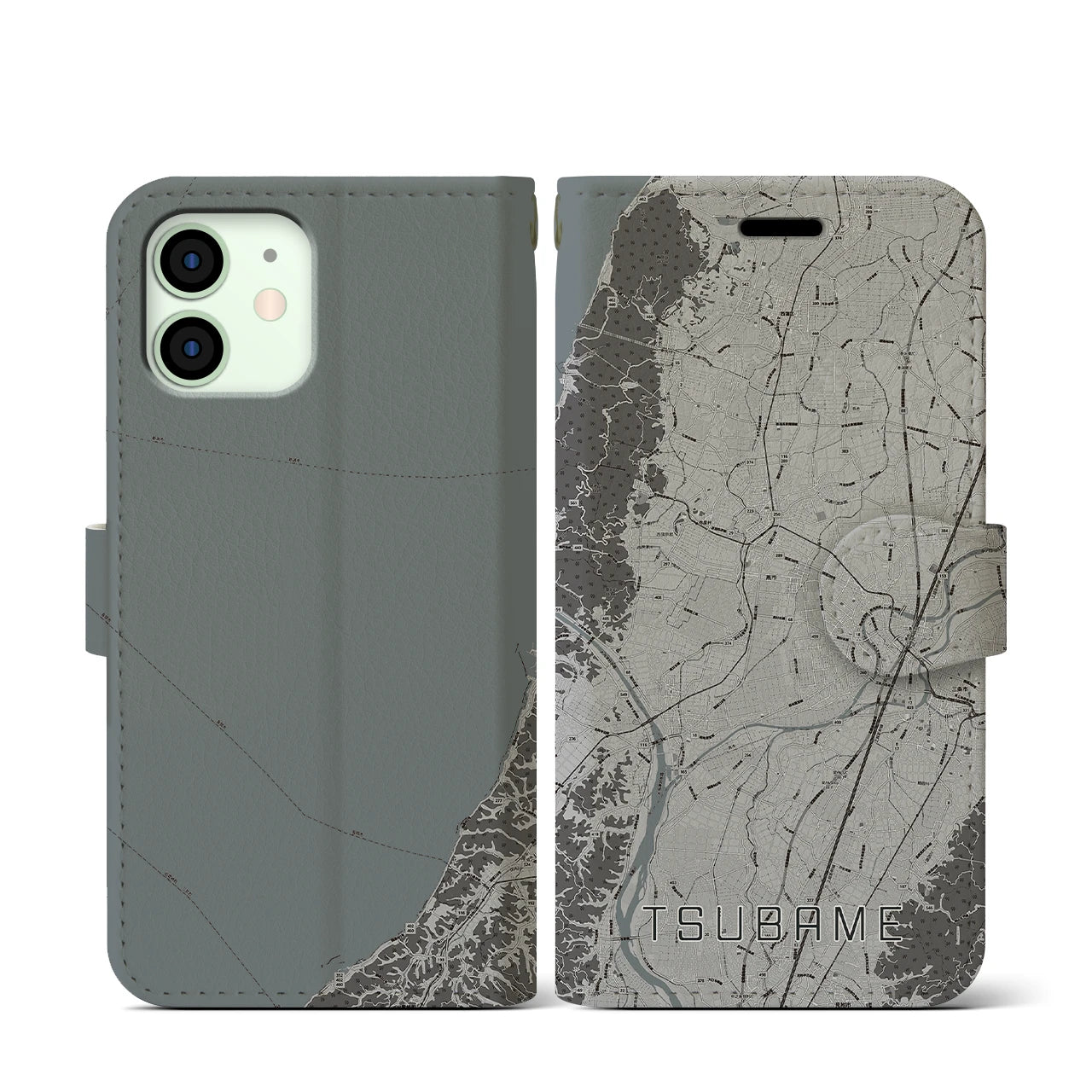 【燕(新潟県)】地図柄iPhoneケース(手帳タイプ)モノトーン・iPhone 12 mini 用