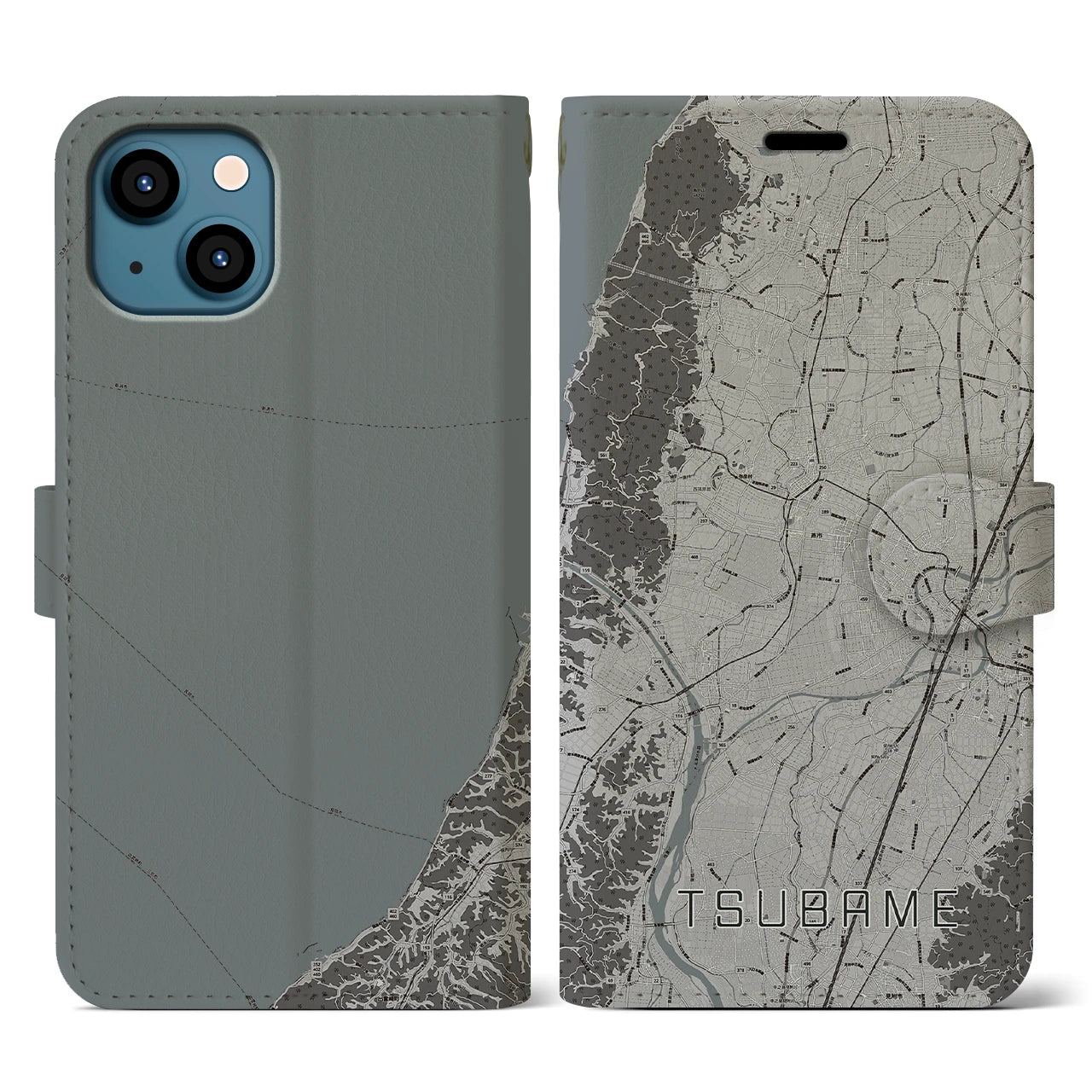 【燕(新潟県)】地図柄iPhoneケース(手帳タイプ)モノトーン・iPhone 13 用