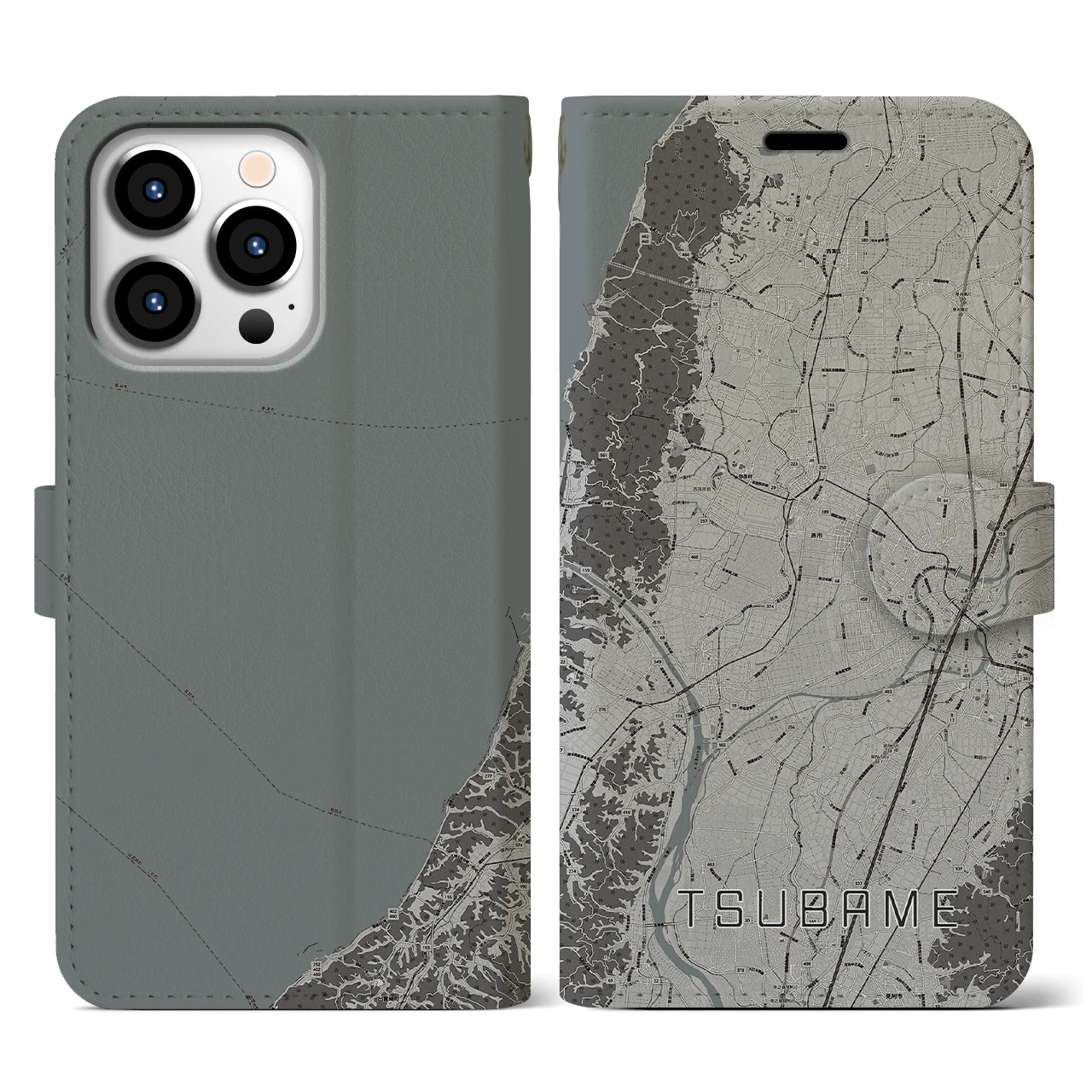 【燕(新潟県)】地図柄iPhoneケース(手帳タイプ)モノトーン・iPhone 13 Pro 用
