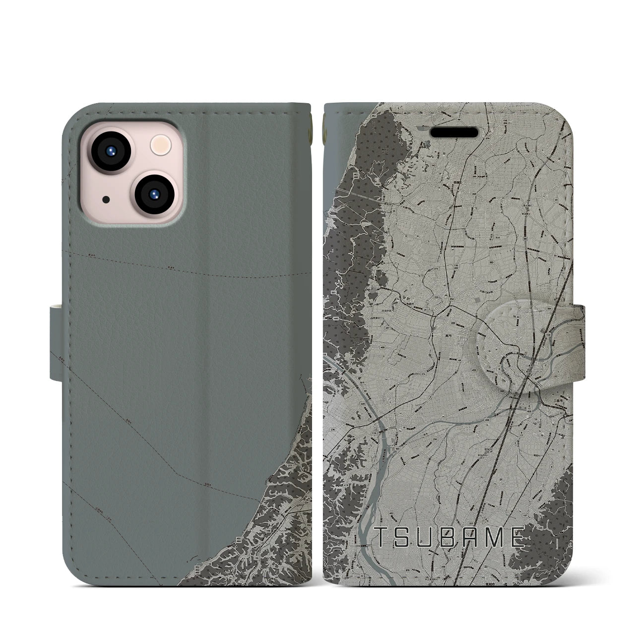 【燕(新潟県)】地図柄iPhoneケース(手帳タイプ)モノトーン・iPhone 13 mini 用