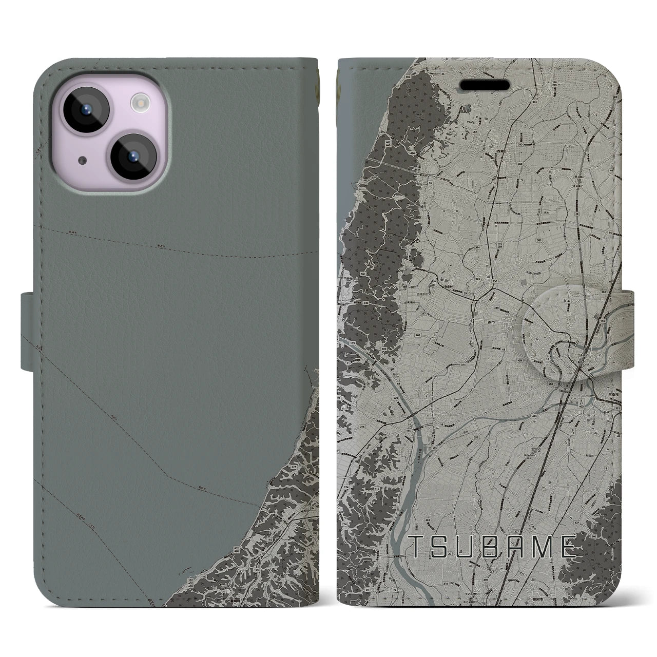 【燕(新潟県)】地図柄iPhoneケース(手帳タイプ)モノトーン・iPhone 14 用