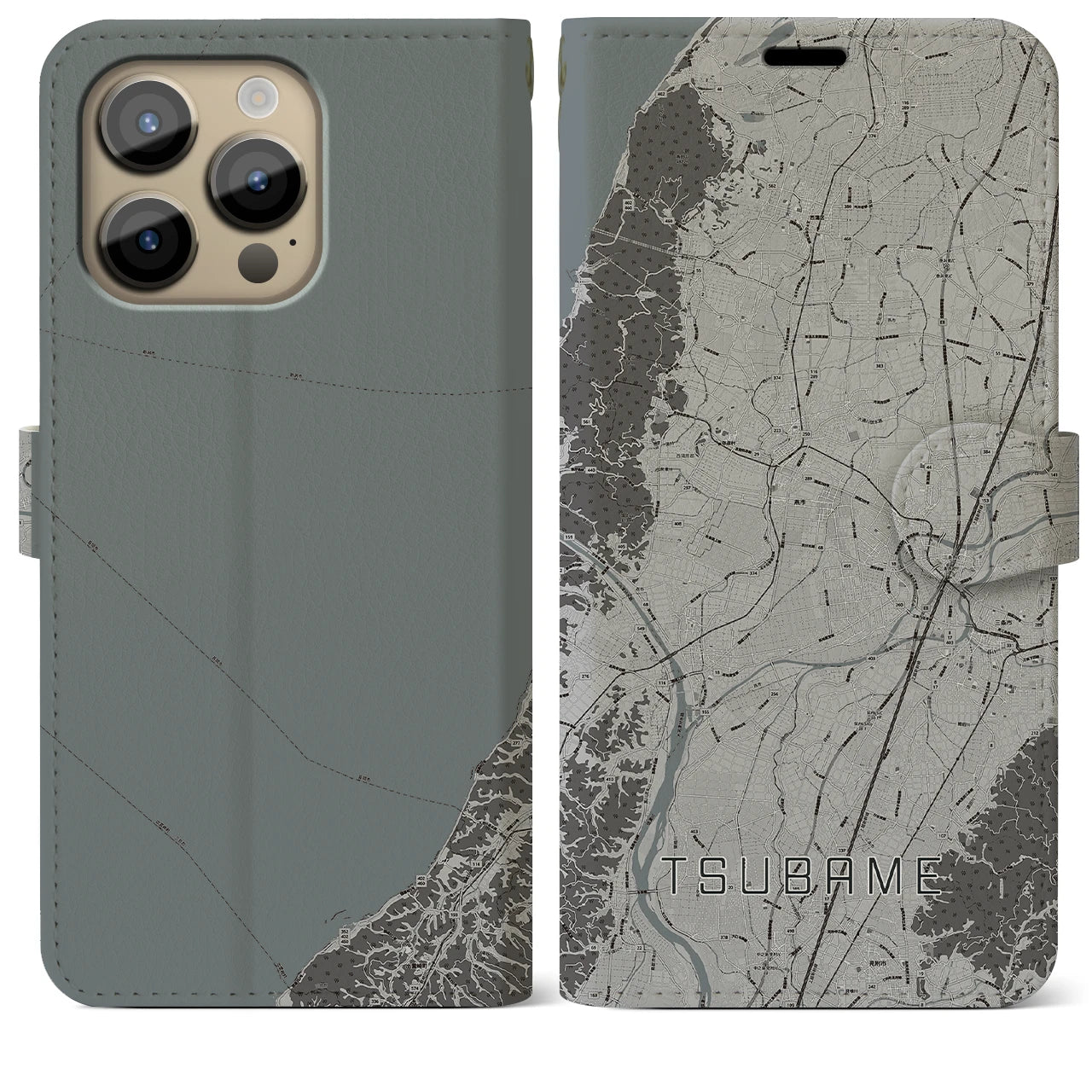 【燕(新潟県)】地図柄iPhoneケース(手帳タイプ)モノトーン・iPhone 14 Pro Max 用