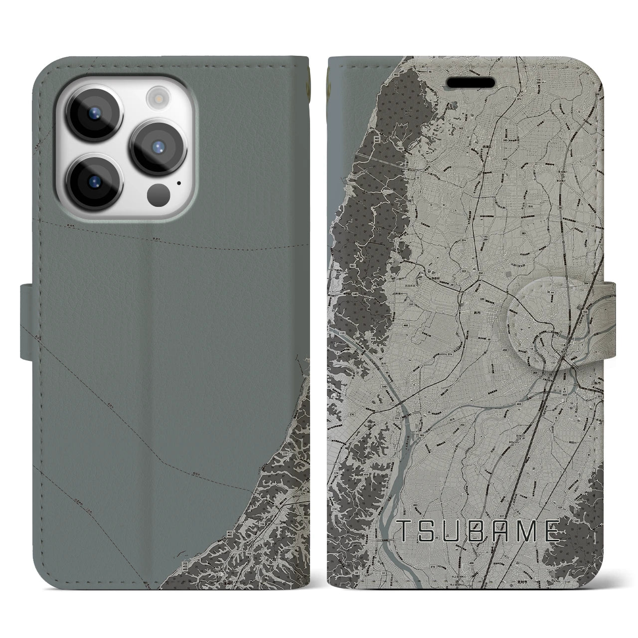 【燕(新潟県)】地図柄iPhoneケース(手帳タイプ)モノトーン・iPhone 14 Pro 用
