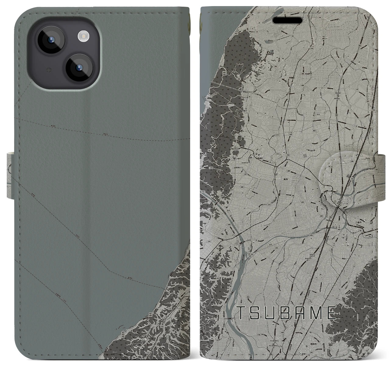 【燕(新潟県)】地図柄iPhoneケース(手帳タイプ)モノトーン・iPhone 14 Plus 用