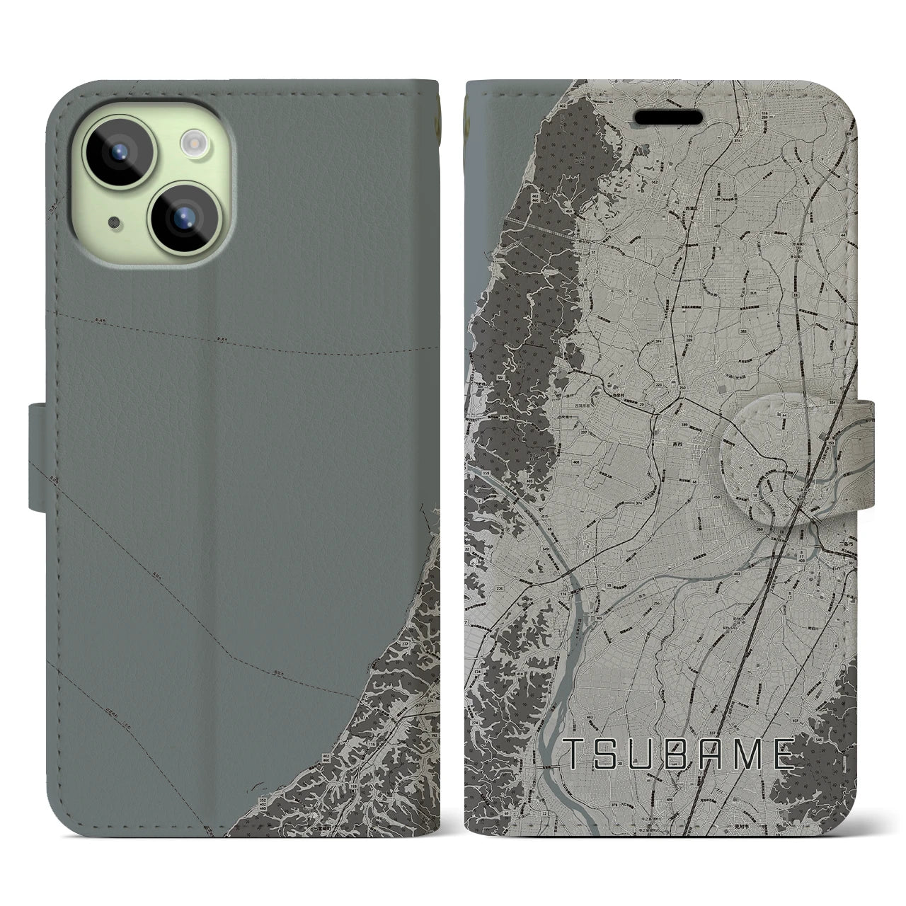 【燕(新潟県)】地図柄iPhoneケース(手帳タイプ)モノトーン・iPhone 15 用