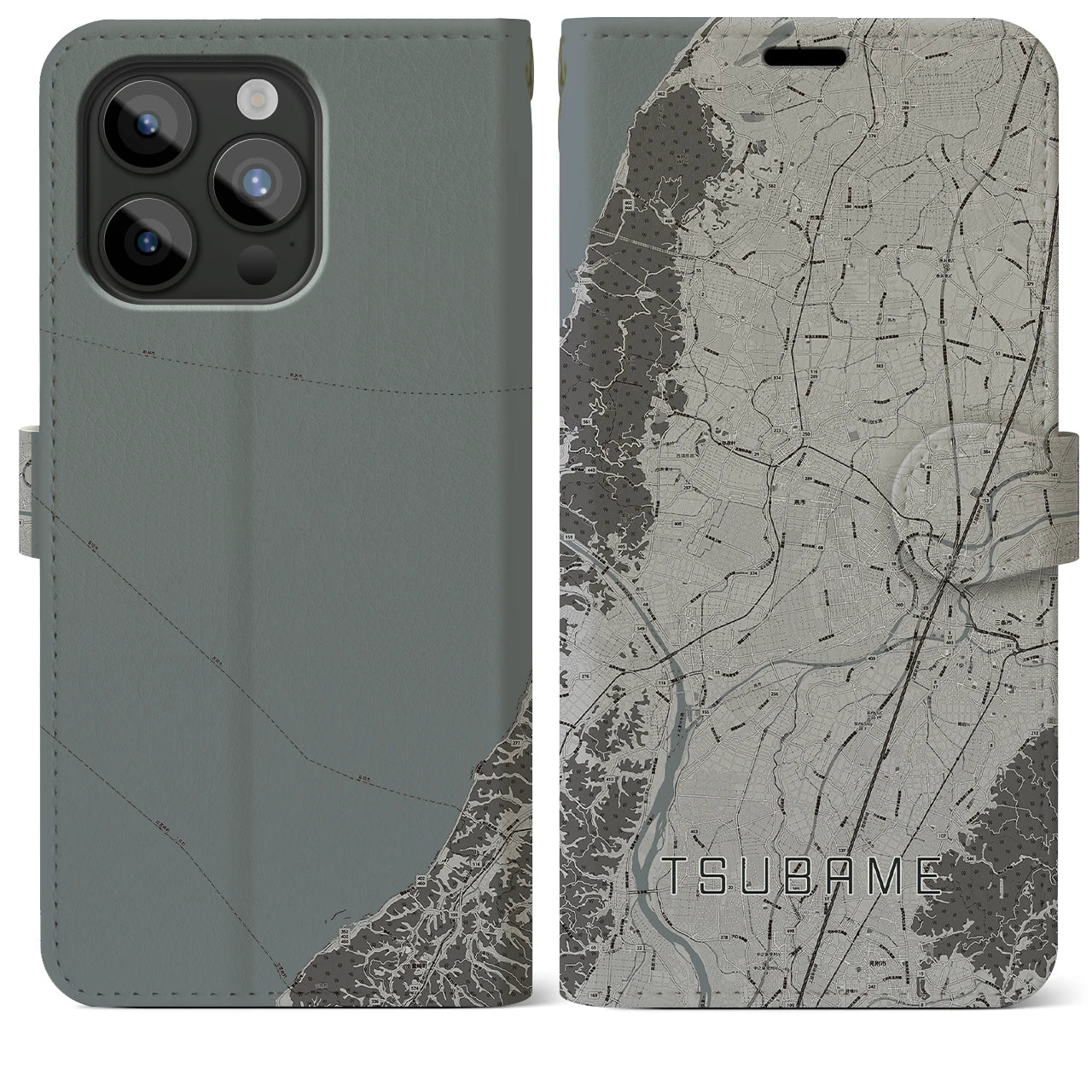 【燕(新潟県)】地図柄iPhoneケース(手帳タイプ)モノトーン・iPhone 15 Pro Max 用