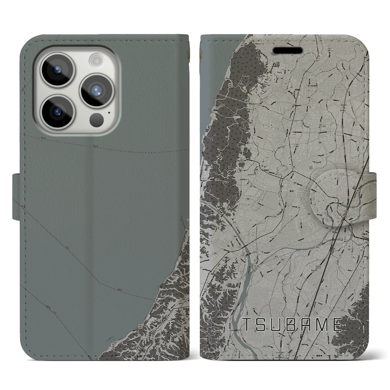 【燕(新潟県)】地図柄iPhoneケース(手帳タイプ)モノトーン・iPhone 15 Pro 用