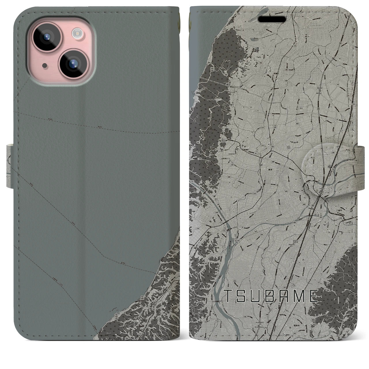 【燕(新潟県)】地図柄iPhoneケース(手帳タイプ)モノトーン・iPhone 15 Plus 用