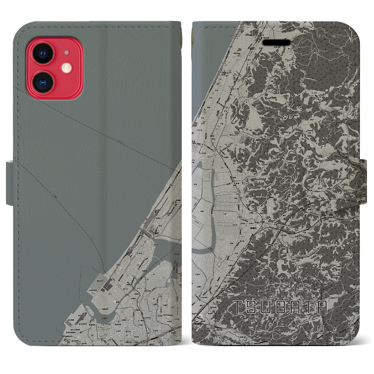 【津幡(石川県)】地図柄iPhoneケース(手帳タイプ)モノトーン・iPhone 11 用